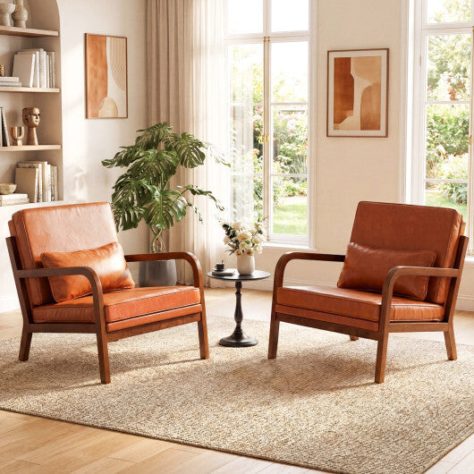Modern Accent Chair Faux Leather Linen Fabric Upholstered Armchair-Brown W2B