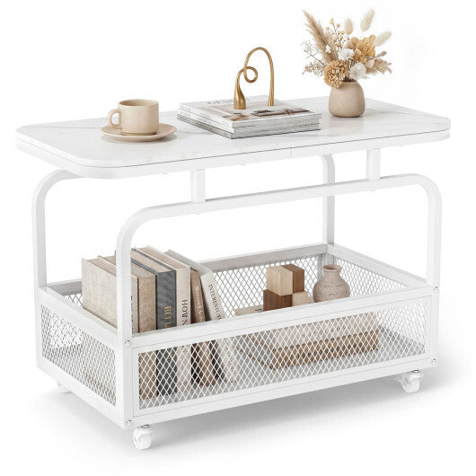 Rolling Side Table 2-Tier Narrow End Table with Mesh Storage Basket-White W2B