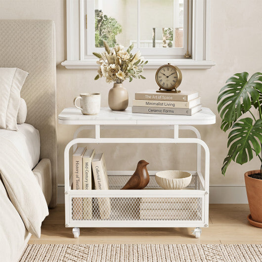 Rolling Side Table 2-Tier Narrow End Table with Mesh Storage Basket-White W2B