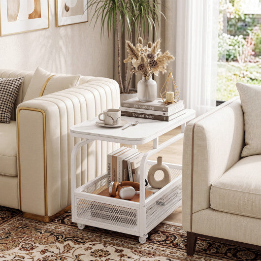 Rolling Side Table 2-Tier Narrow End Table with Mesh Storage Basket-White W2B