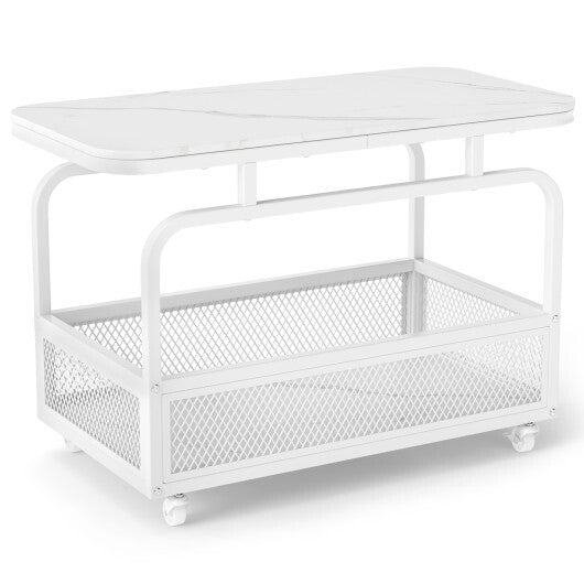 Rolling Side Table 2-Tier Narrow End Table with Mesh Storage Basket-White W2B