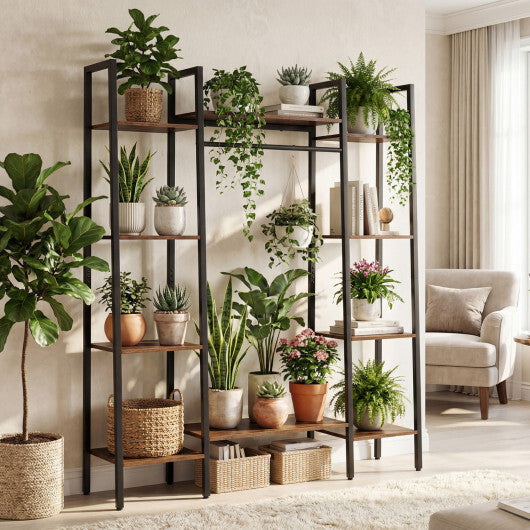 55.5 inch Tall Plant Stand 10-Tier Plant Rack with 16 Colors LED Strip Lights-Rustic Brown W2B