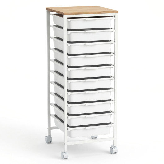 10-Drawer Rolling Storage Cart Mobile Utility Organizer with Wooden Tabletop and Lockable Wheels-White W2B