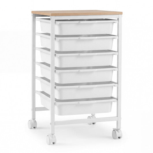 6-Drawer Rolling Storage Cart with Wooden Tabletop-White W2B