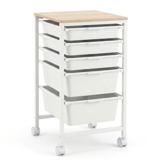 5-Drawer Rolling Storage Cart Mobile Utility Organizer with Wooden Tabletop and Lockable Wheels-White W2B