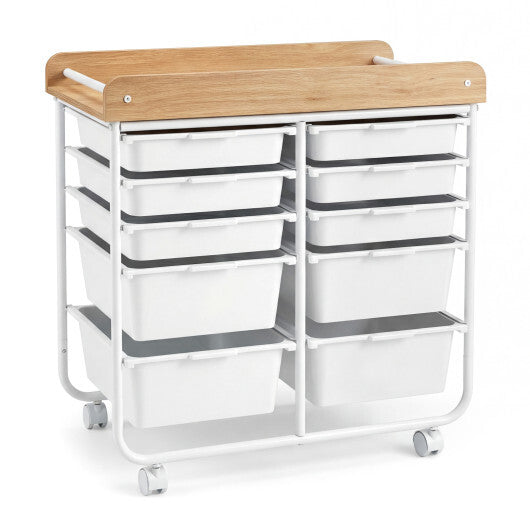 10-Drawer Rolling Cart with Wooden Tabletop and Lockable Wheels for Office-White W2B