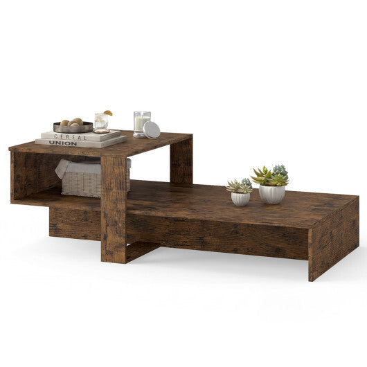2-Tier Coffee Table Modern Irregular Center Table with Open Storage Shelf-Brown W2B