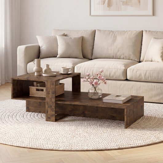 2-Tier Coffee Table Modern Irregular Center Table with Open Storage Shelf-Brown W2B