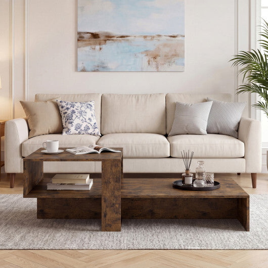 2-Tier Coffee Table Modern Irregular Center Table with Open Storage Shelf-Brown W2B