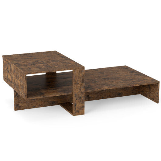 2-Tier Coffee Table Modern Irregular Center Table with Open Storage Shelf-Brown W2B