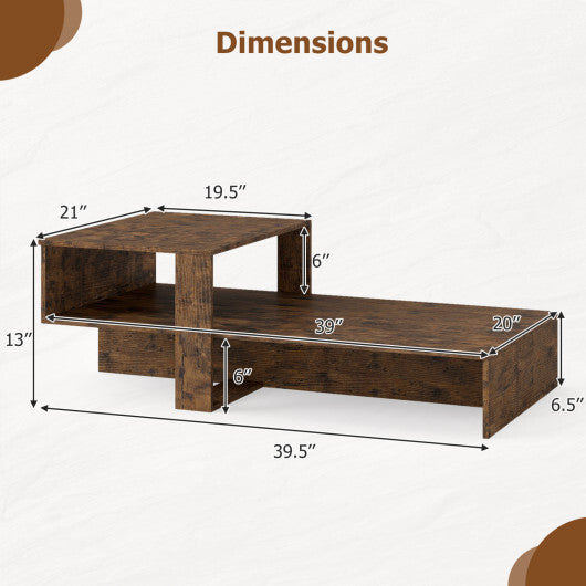 2-Tier Coffee Table Modern Irregular Center Table with Open Storage Shelf-Brown W2B