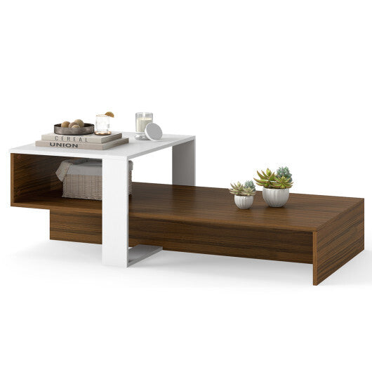 2-Tier Coffee Table Modern Irregular Center Table with Open Storage Shelf-Brown W2B