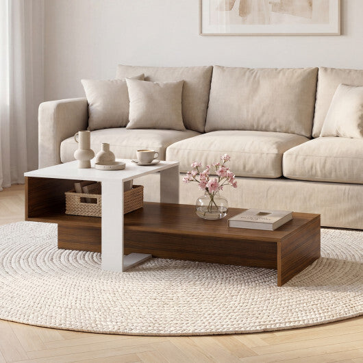 2-Tier Coffee Table Modern Irregular Center Table with Open Storage Shelf-Brown W2B