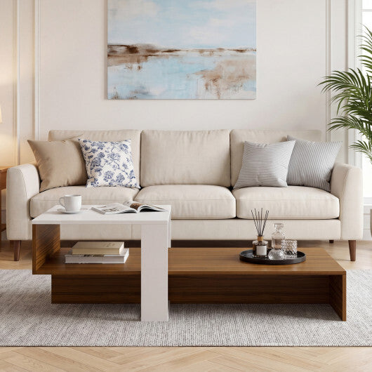 2-Tier Coffee Table Modern Irregular Center Table with Open Storage Shelf-Brown W2B