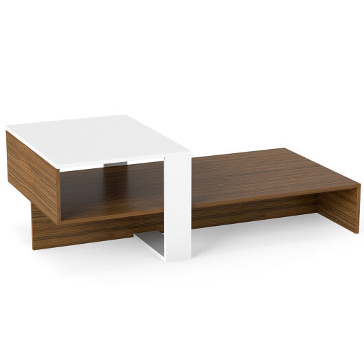 2-Tier Coffee Table Modern Irregular Center Table with Open Storage Shelf-Brown W2B