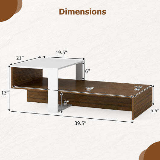 2-Tier Coffee Table Modern Irregular Center Table with Open Storage Shelf-Brown W2B