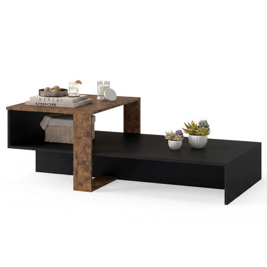 2-Tier Coffee Table Modern Irregular Center Table with Open Storage Shelf-Brown W2B