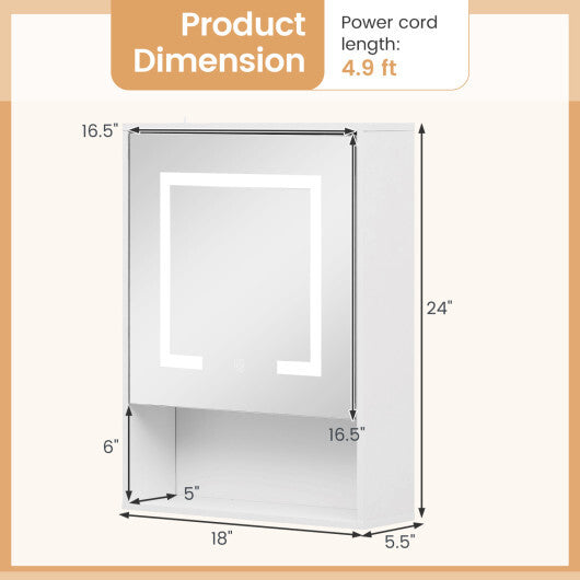 Medicine Cabinet with Mirror and 3 Color LED Lights Recessed or Wall Mounted-White W2B