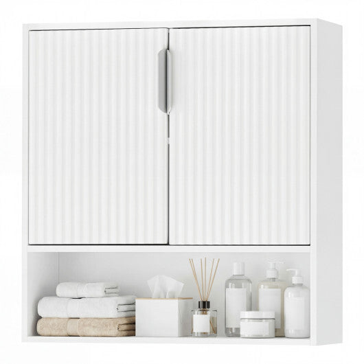 Bathroom Wall Cabinet with 2 Fluted Doors and Open Cube and Adjustable Shelf-White W2B