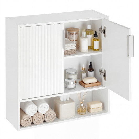 Bathroom Wall Cabinet with 2 Fluted Doors and Open Cube and Adjustable Shelf-White W2B