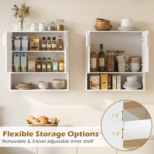 Bathroom Wall Cabinet with 2 Fluted Doors and Open Cube and Adjustable Shelf-White W2B