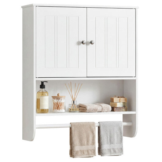 Bathroom Wall Cabinet with Towel Bar and Open Shelf and Adjustable Shelf-White W2B