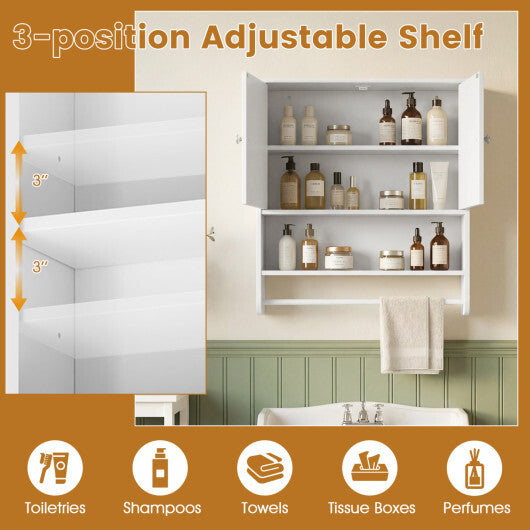 Bathroom Wall Cabinet with Towel Bar and Open Shelf and Adjustable Shelf-White W2B