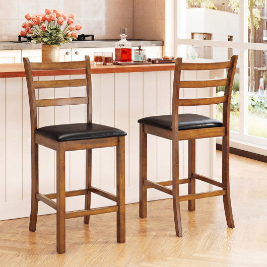Rubber Wood Ladder Back Bar Stools Set of 2 24inch Counter Height Kitchen Island High Chairs-Walnut W2B