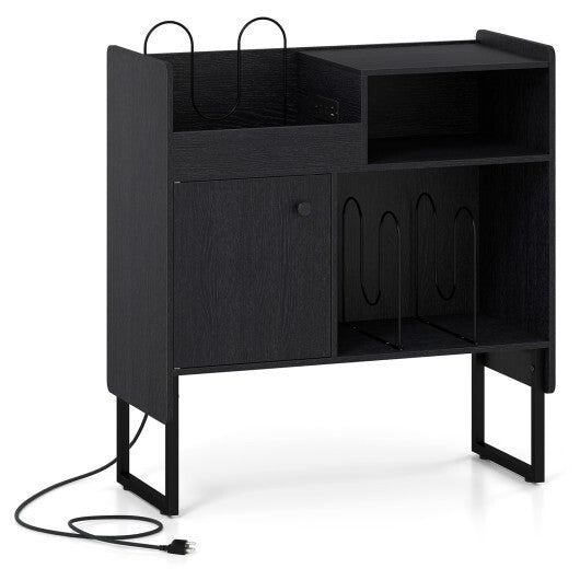 Record Player Stand with Power Outlets and Vinyl Storage Holder up to 250 Albums-Black W2B