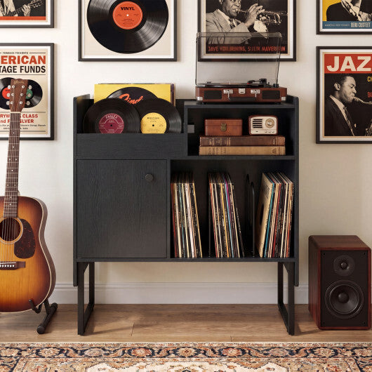 Record Player Stand with Power Outlets and Vinyl Storage Holder up to 250 Albums-Black W2B