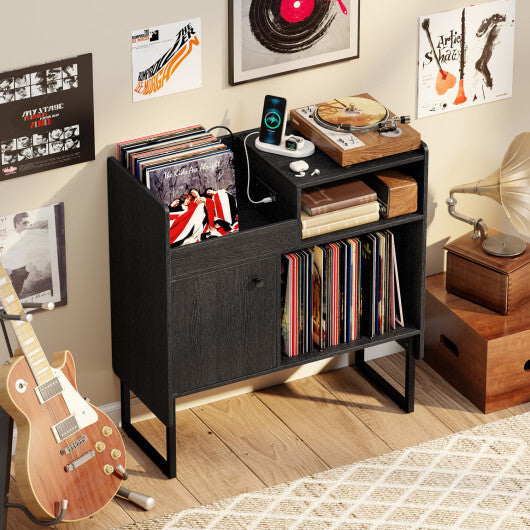 Record Player Stand with Power Outlets and Vinyl Storage Holder up to 250 Albums-Black W2B
