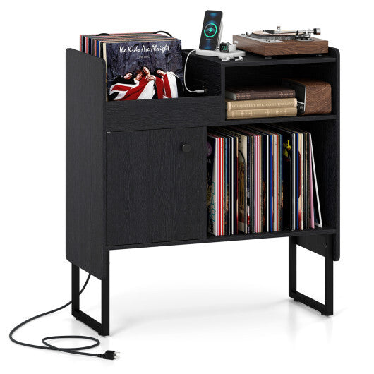 Record Player Stand with Power Outlets and Vinyl Storage Holder up to 250 Albums-Black W2B