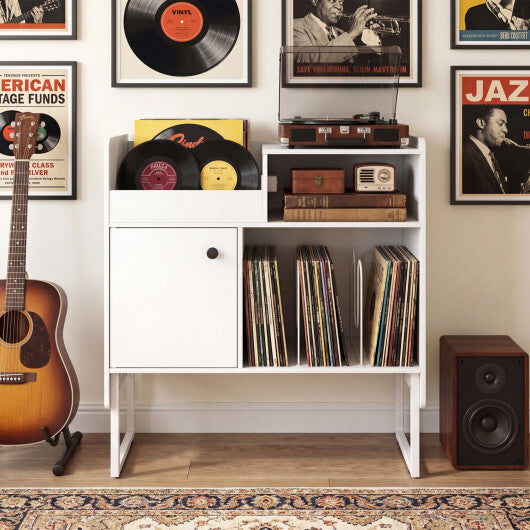 Record Player Stand with Power Outlets and Vinyl Storage Holder up to 250 Albums-Black W2B