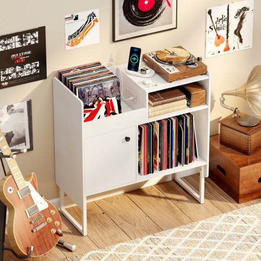 Record Player Stand with Power Outlets and Vinyl Storage Holder up to 250 Albums-Black W2B