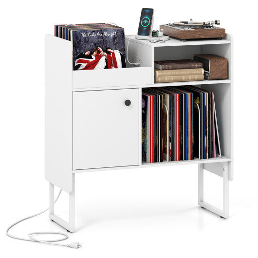 Record Player Stand with Power Outlets and Vinyl Storage Holder up to 250 Albums-Black W2B