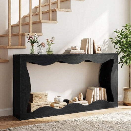 63 Inch Console Table 2-Tier Narrow Entryway Table with Wavy Edge Storage Shelf-Black W2B