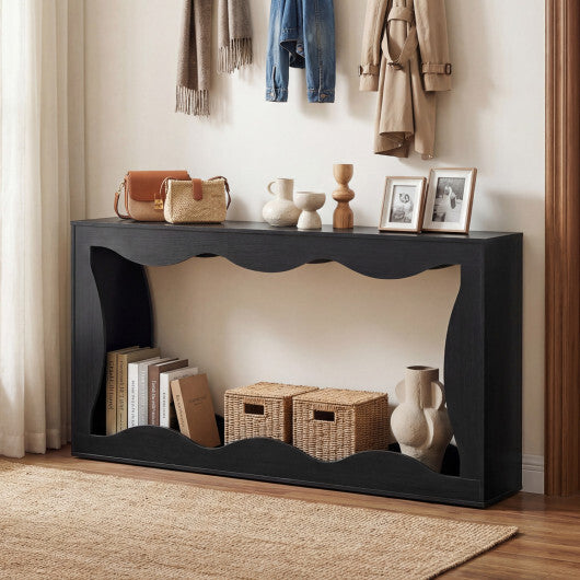 63 Inch Console Table 2-Tier Narrow Entryway Table with Wavy Edge Storage Shelf-Black W2B