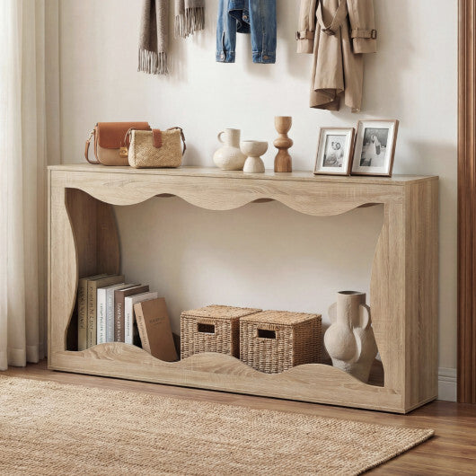 63 Inch Console Table 2-Tier Narrow Entryway Table with Wavy Edge Storage Shelf-Black W2B