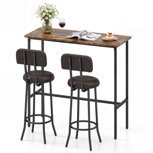 3-Piece Industrial Bar Table Set with 2 Upholstered Stools and Footrests for Dining Room-Rustic Brown W2B