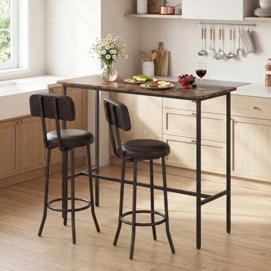 3-Piece Industrial Bar Table Set with 2 Upholstered Stools and Footrests for Dining Room-Rustic Brown W2B