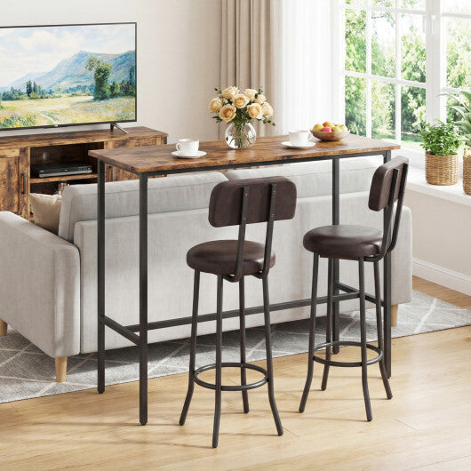 3-Piece Industrial Bar Table Set with 2 Upholstered Stools and Footrests for Dining Room-Rustic Brown W2B