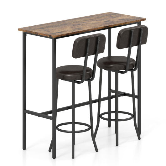3-Piece Industrial Bar Table Set with 2 Upholstered Stools and Footrests for Dining Room-Rustic Brown W2B