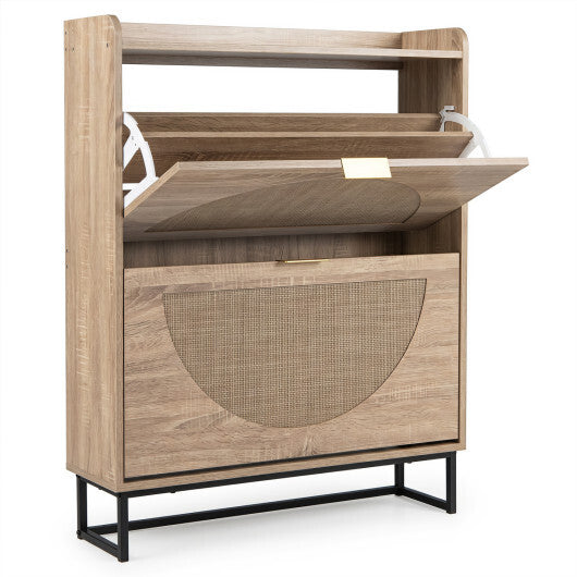 Narrow Shoe Storage Cabinet with 2 Flip Drawers and Adjustable Shelves-Natural W2B