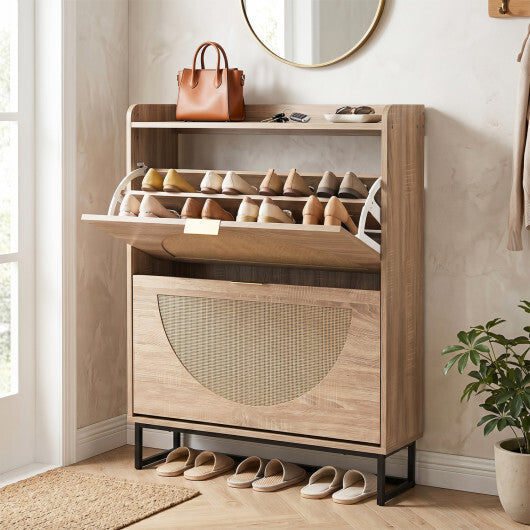 Narrow Shoe Storage Cabinet with 2 Flip Drawers and Adjustable Shelves-Natural W2B