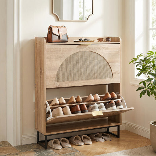 Narrow Shoe Storage Cabinet with 2 Flip Drawers and Adjustable Shelves-Natural W2B