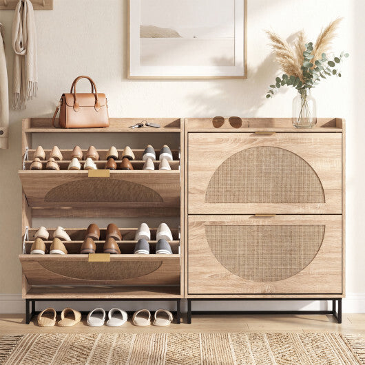 Narrow Shoe Storage Cabinet with 2 Flip Drawers and Adjustable Shelves-Natural W2B