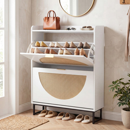 Narrow Shoe Storage Cabinet with 2 Flip Drawers and Adjustable Shelves-Natural W2B