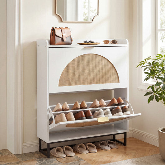 Narrow Shoe Storage Cabinet with 2 Flip Drawers and Adjustable Shelves-Natural W2B