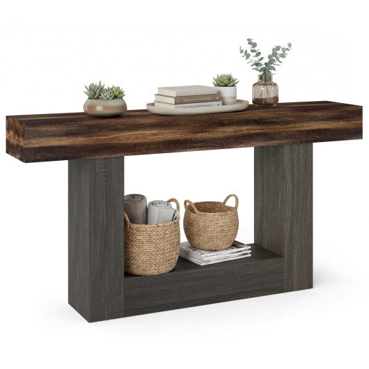 2-Tier Farmhouse Console Table 63" Long with Storage Shelf-Rustic Brown W2B