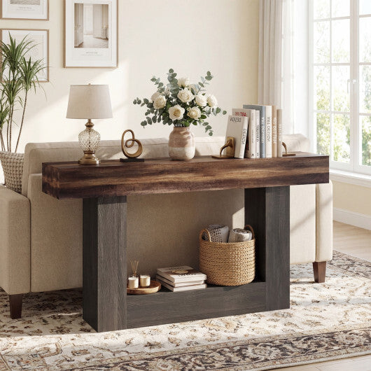 2-Tier Farmhouse Console Table 63" Long with Storage Shelf-Rustic Brown W2B
